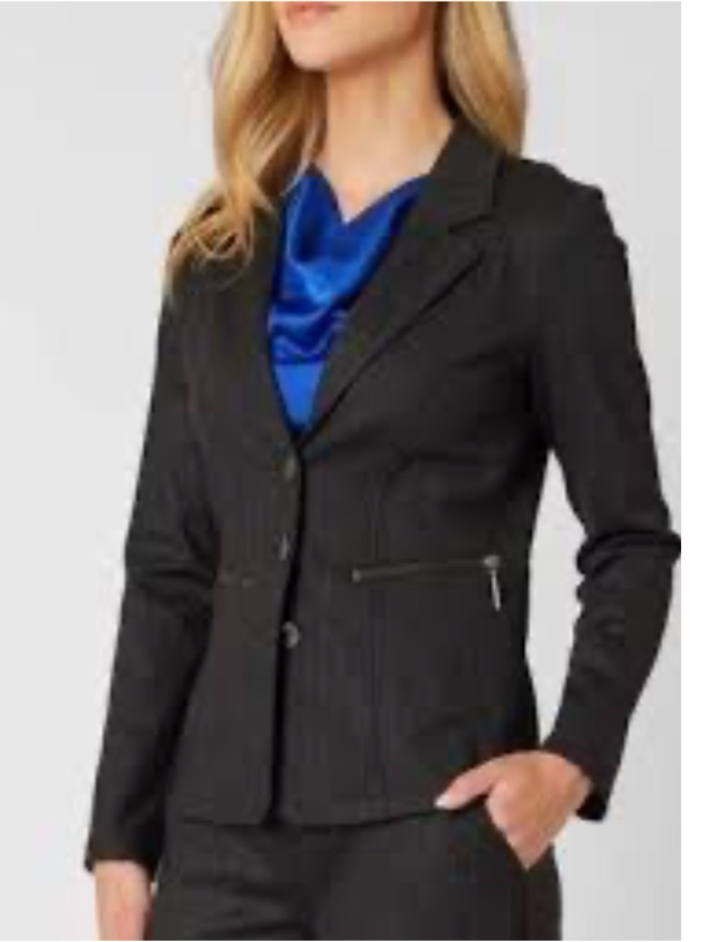 Adrienne Landau Onyx Collection Tailored Pinstriped Modern Black Blazer L $459